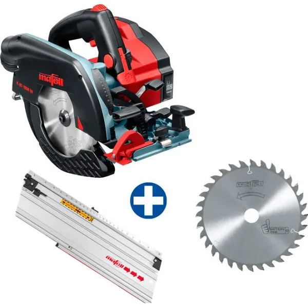 Mafell pyörösaha K 65 18M bl T-MAX:ssa ohjauskiskolla ja sahanterällä